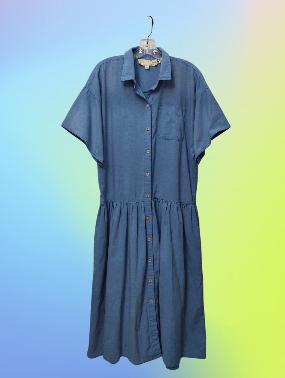 Vintage Oscar de la Renta Swirl B Altman Drop Waist Chambray Shirt Dress Blue